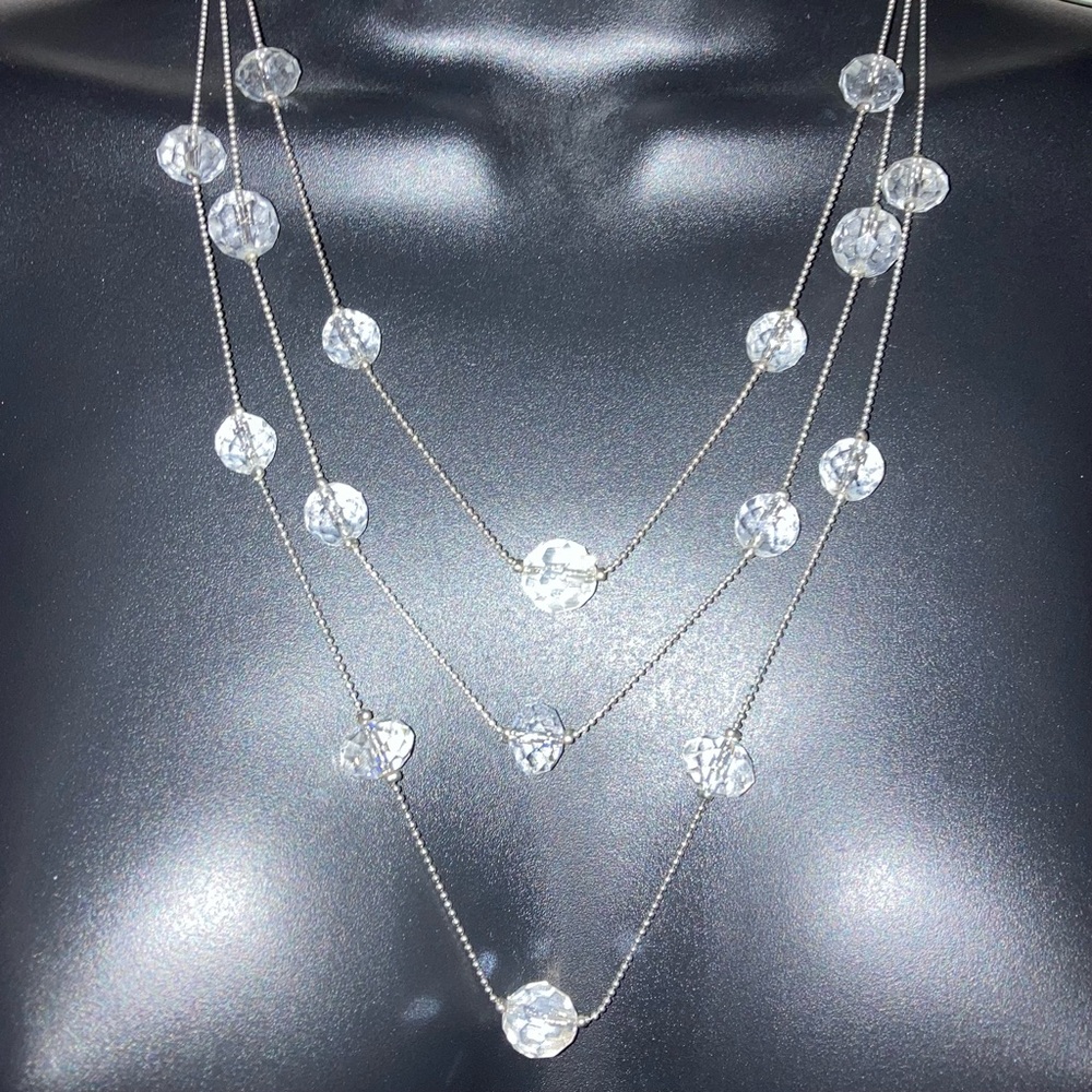 American Eagle Faceted Crystal Silver Long Layered Necklace Statement Jewelry - Picture 10 of 15